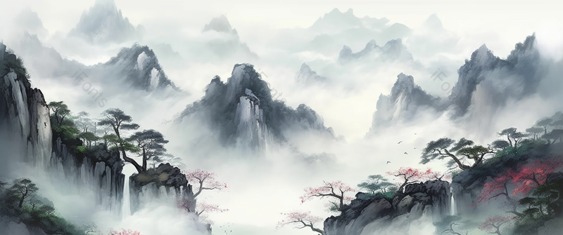 春意盎然树木新芽远景中国风水墨山水画,插画/手绘图,插画/手绘图库,插画/手绘图下载,插画/手绘